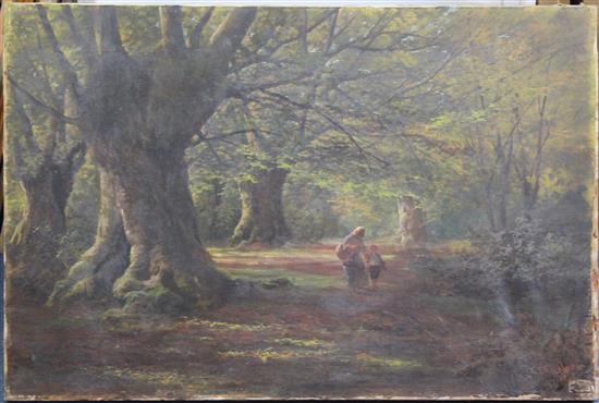 Francis Muschamp (1851-1929) Figures in woodland, 20 x 30in., unframed